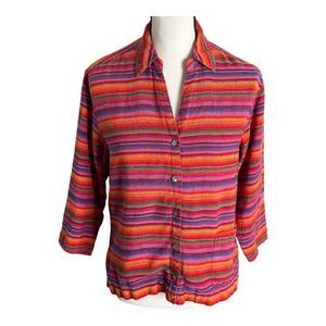 Chicos Linen Jacket Womens 0 XS Striped Red Pink Orange Bold‎ Colors 3/4 Sleeve